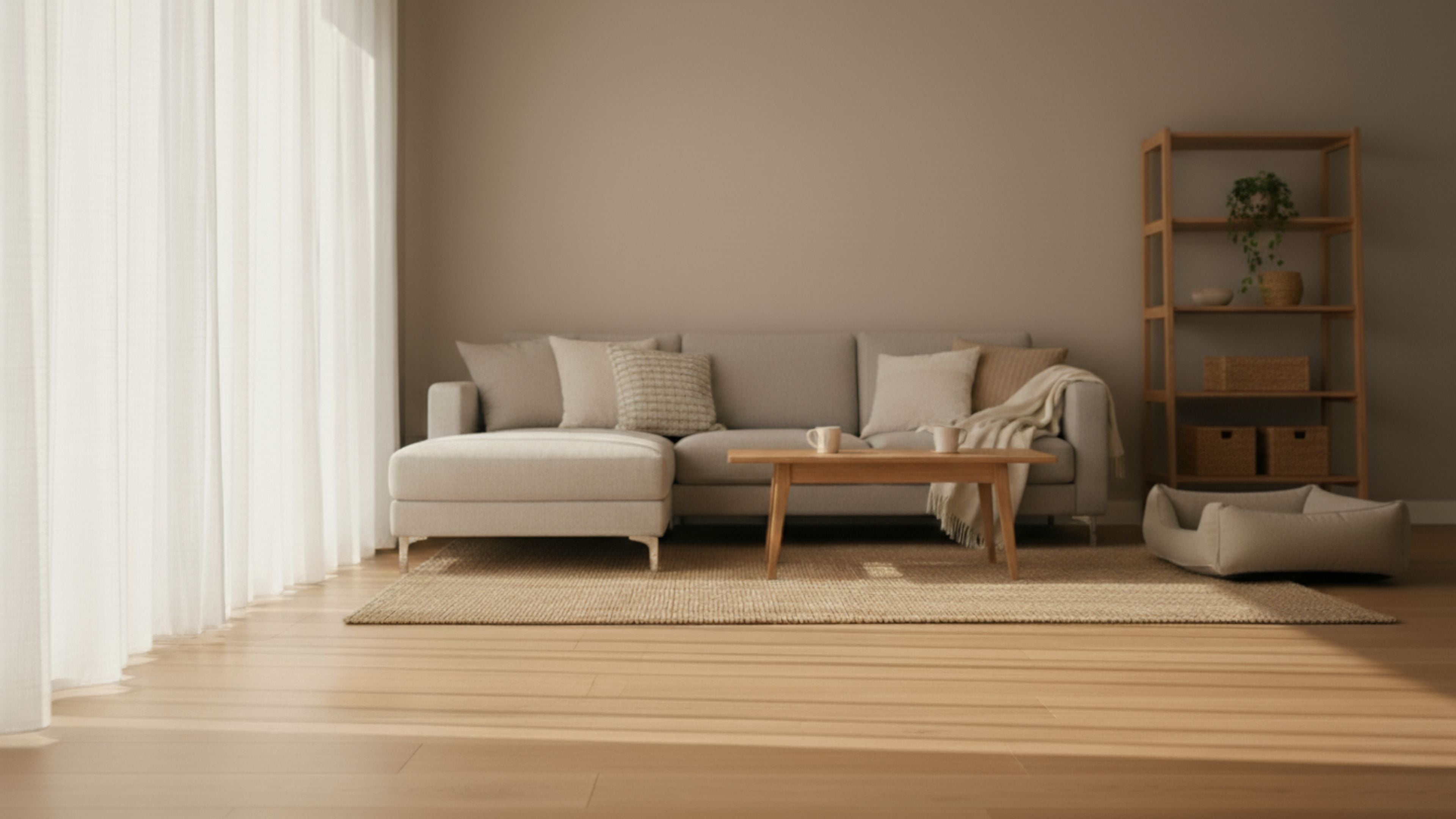 scandanavian living room, minimalist, elegant with neutral tone furniture