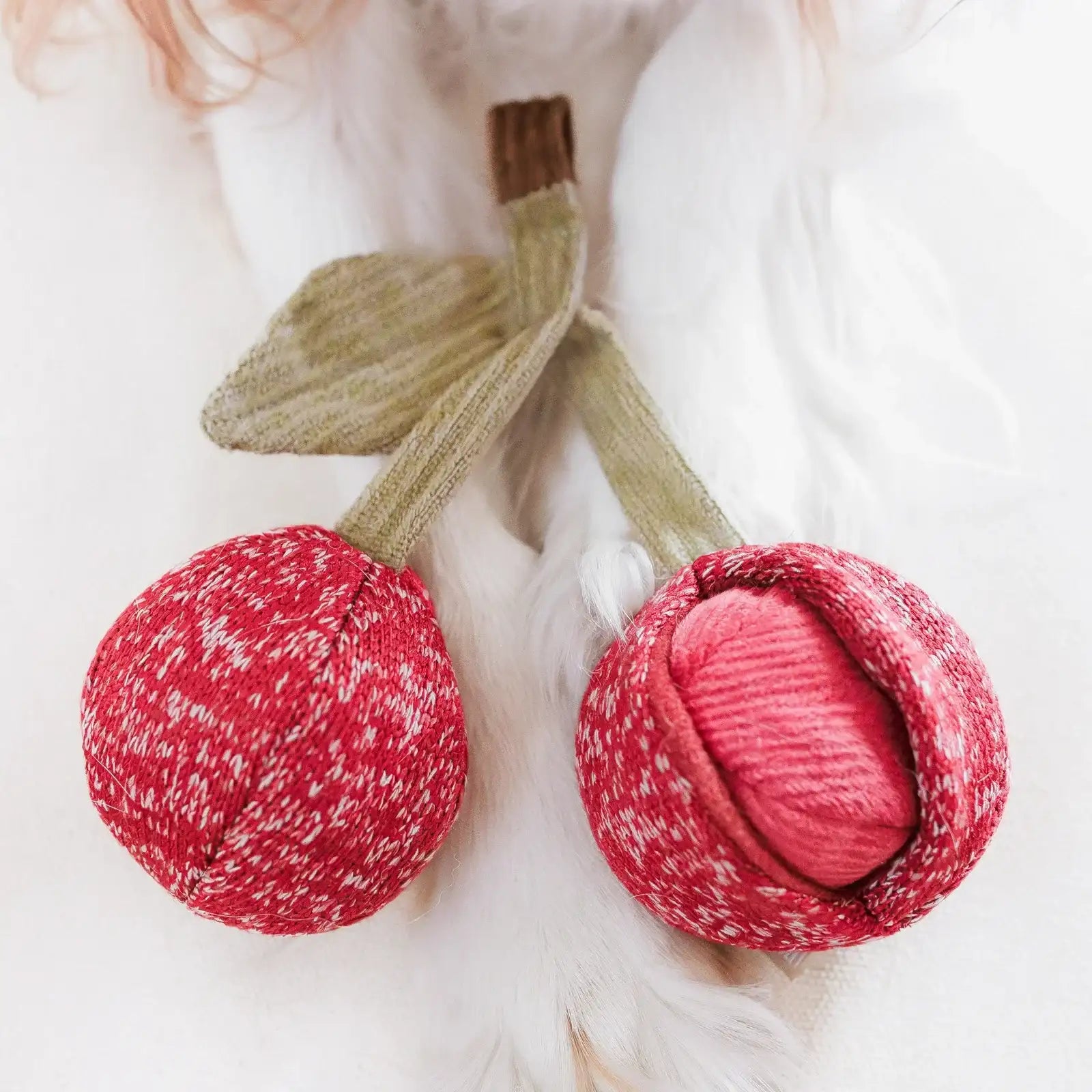Close-up of Lambwolf Collective Cherry Pop plush dog toy showing soft fabric texture, green leaves, and removable cherry ball.