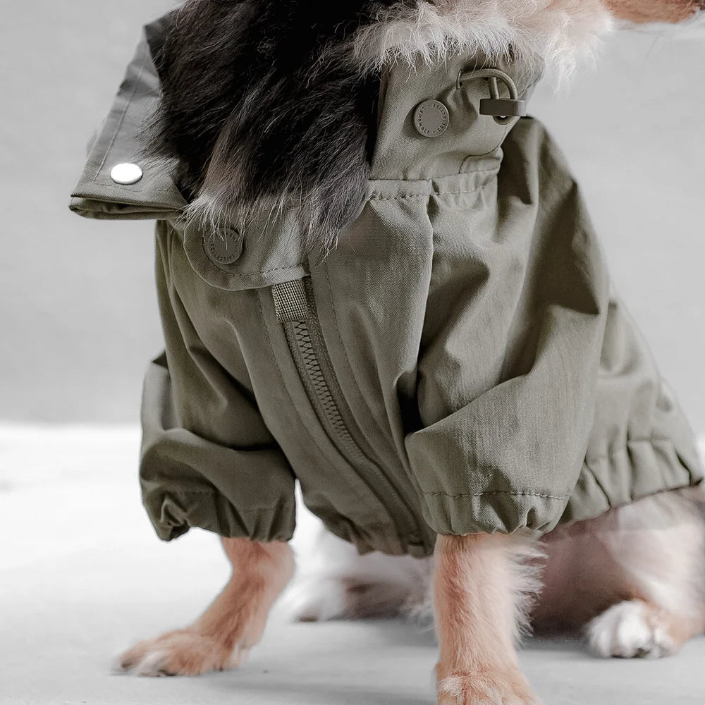 Close-up of Lambwolf Collective dog raincoats showing zip detail and adjustable drawstrings, modern minimalist style