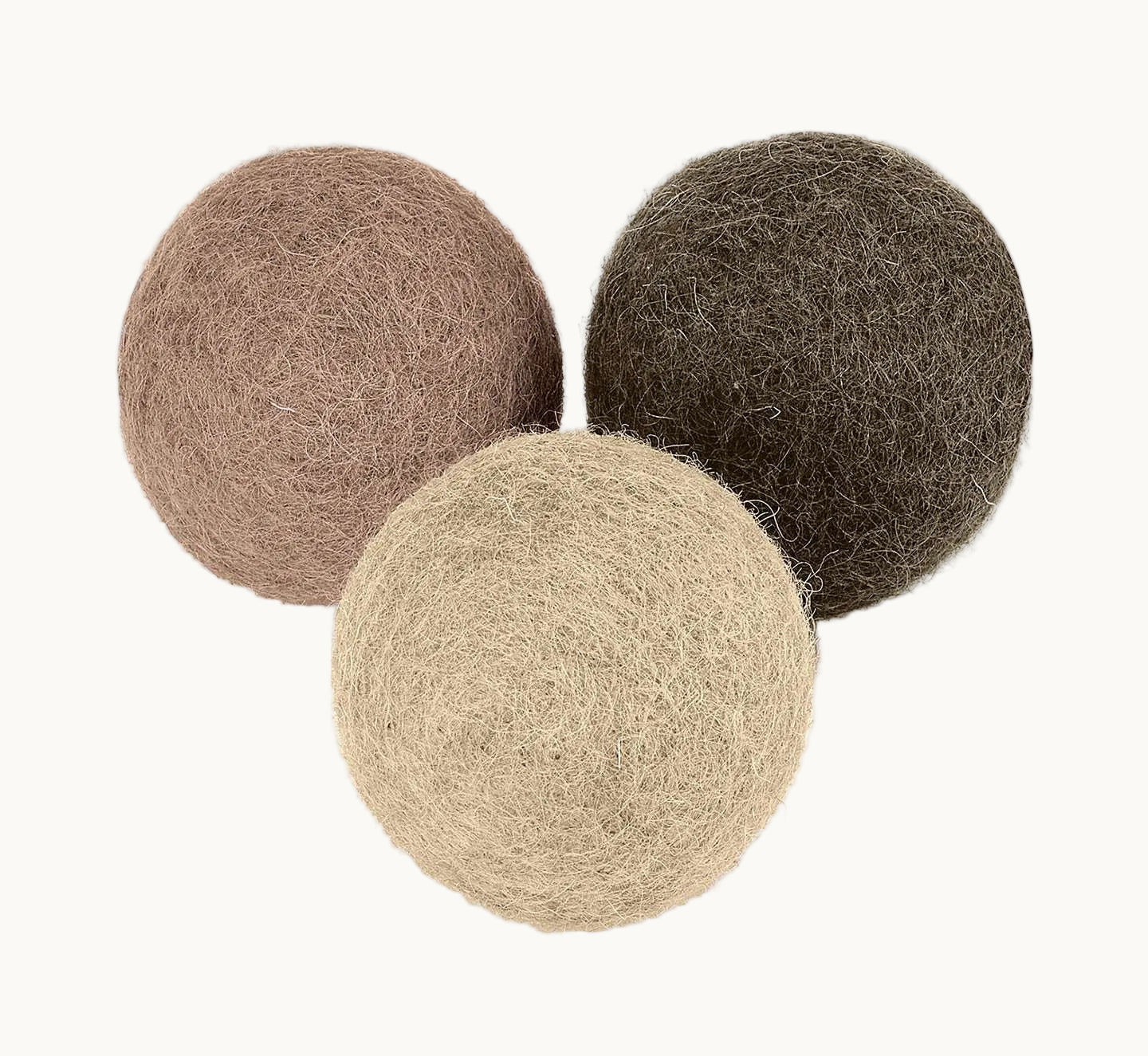 MiaCara Globo cat toy balls in neutral shades of beige, brown, and taupe, crafted from 100% wool felt.