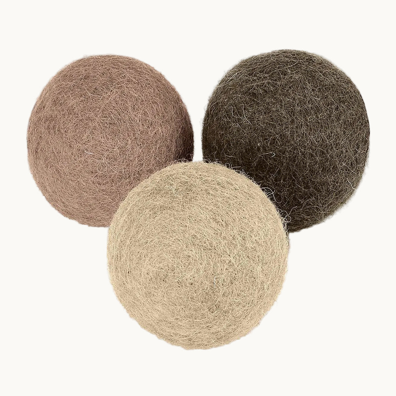 MiaCara Globo cat toy balls in neutral shades of beige, brown, and taupe, crafted from 100% wool felt.