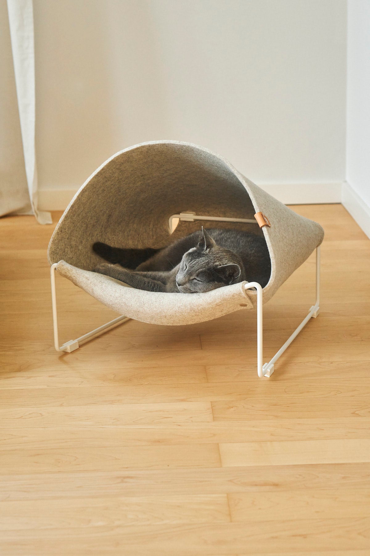 Cat lounging inside MiaCara Loggia felt cat cave, modern raised hideaway with cozy enclosed design.