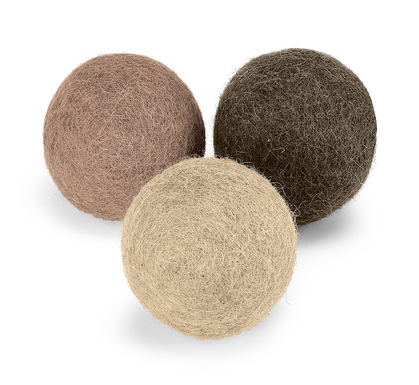MiaCara Globo cat toy balls in neutral shades of beige, brown, and taupe, crafted from 100% wool felt.