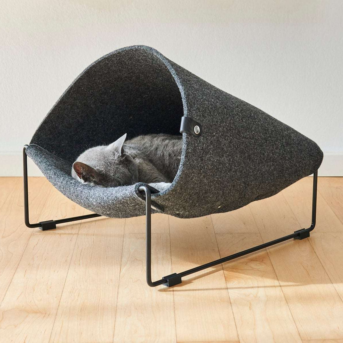 Cat lounging inside MiaCara Loggia felt cat cave in dark grey, modern raised hideaway with cozy enclosed design.