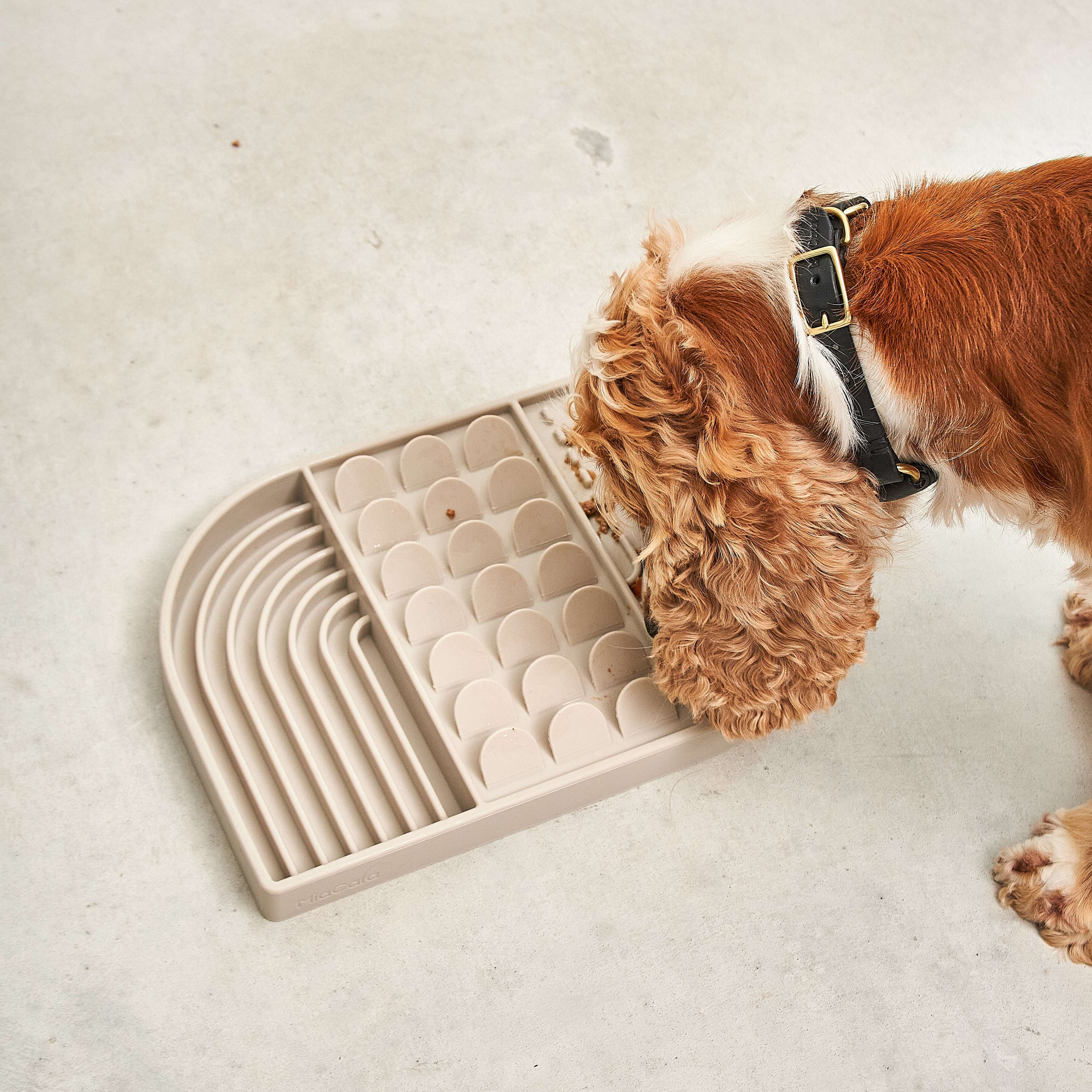 Top view of MiaCara Aperitivo slow feeder in taupe, interactive design to encourage slower eating and mental stimulation