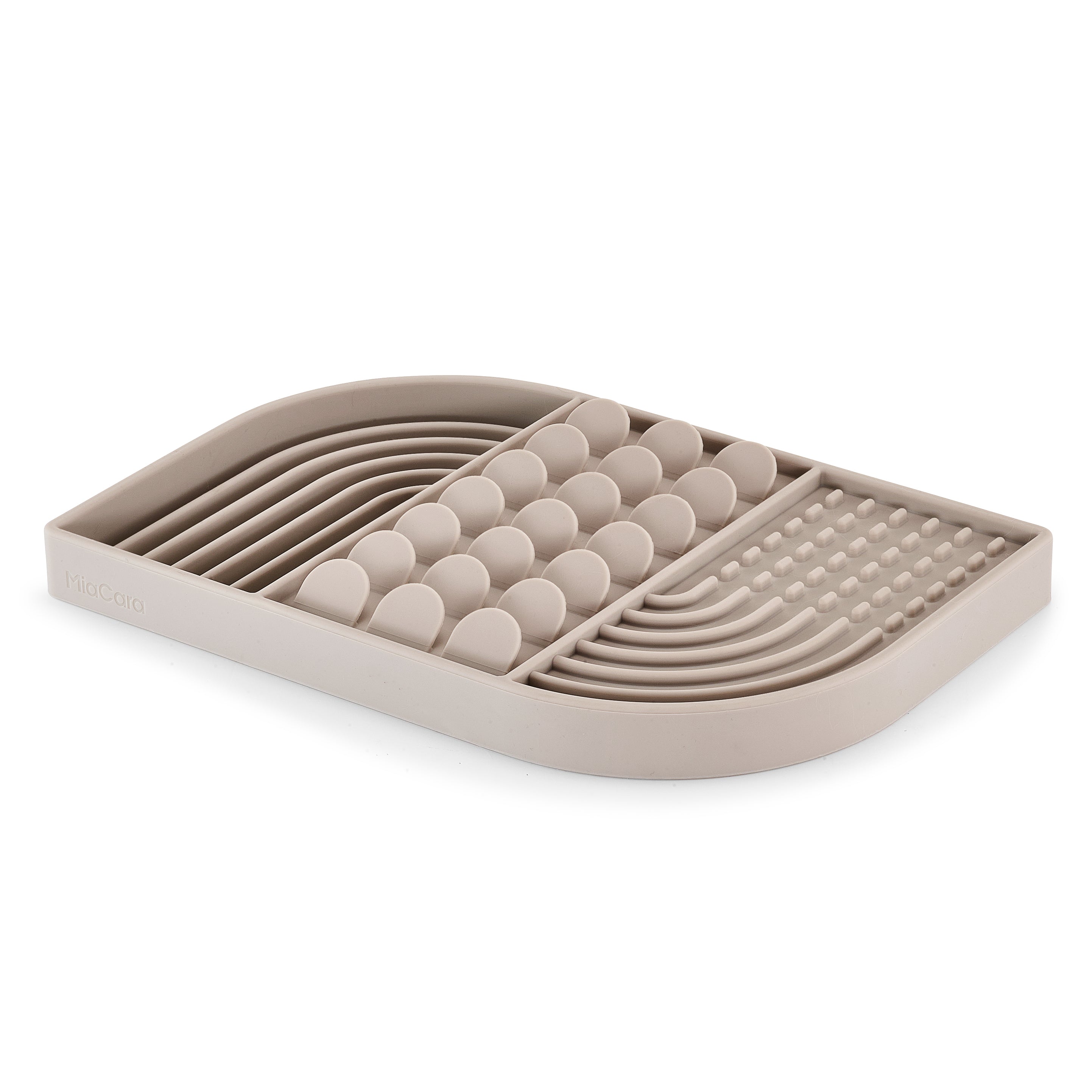 MiaCara Aperitivo interactive slow feeder toy in taupe, made from food-grade materials with textured grooves for engaging enrichment play.