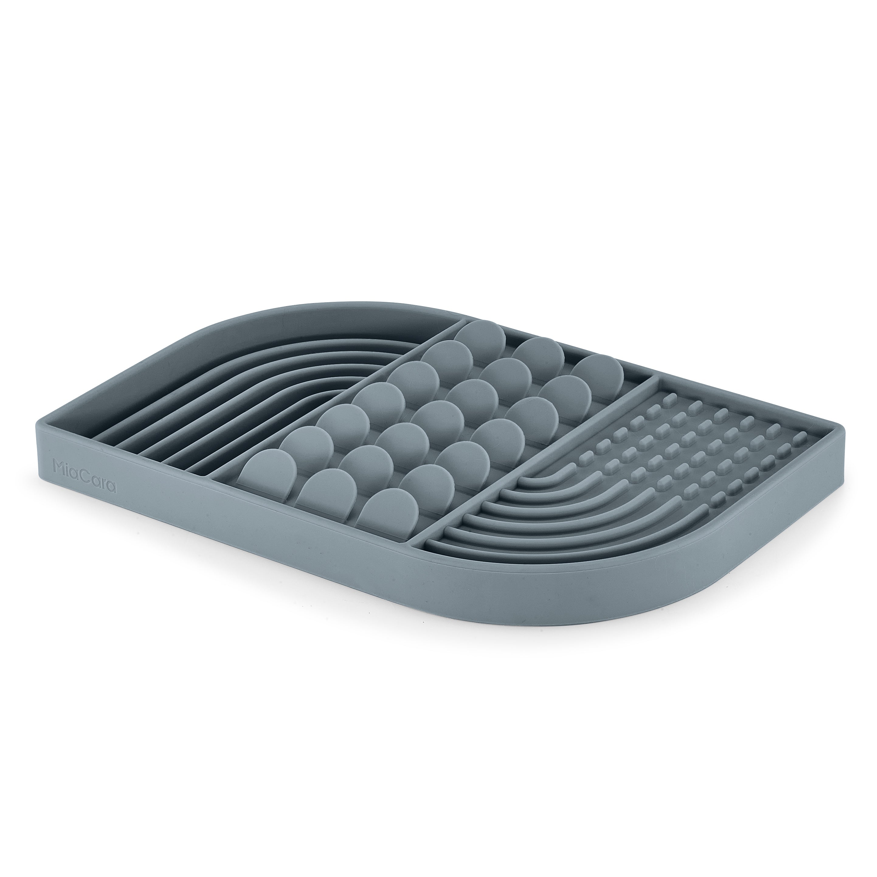 MiaCara Aperitivo interactive slow feeder toy in grey blue, made from food-grade materials with textured grooves for engaging enrichment play.