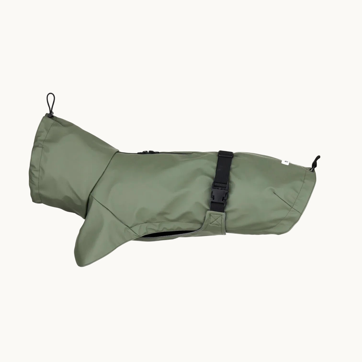 Minimalist olive-green Tadazhi dog raincoat with adjustable buckle strap, waterproof design from Lumi Pets Wear collection.