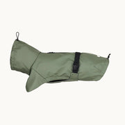 Minimalist olive-green Tadazhi dog raincoat with adjustable buckle strap, waterproof design from Lumi Pets Wear collection.
