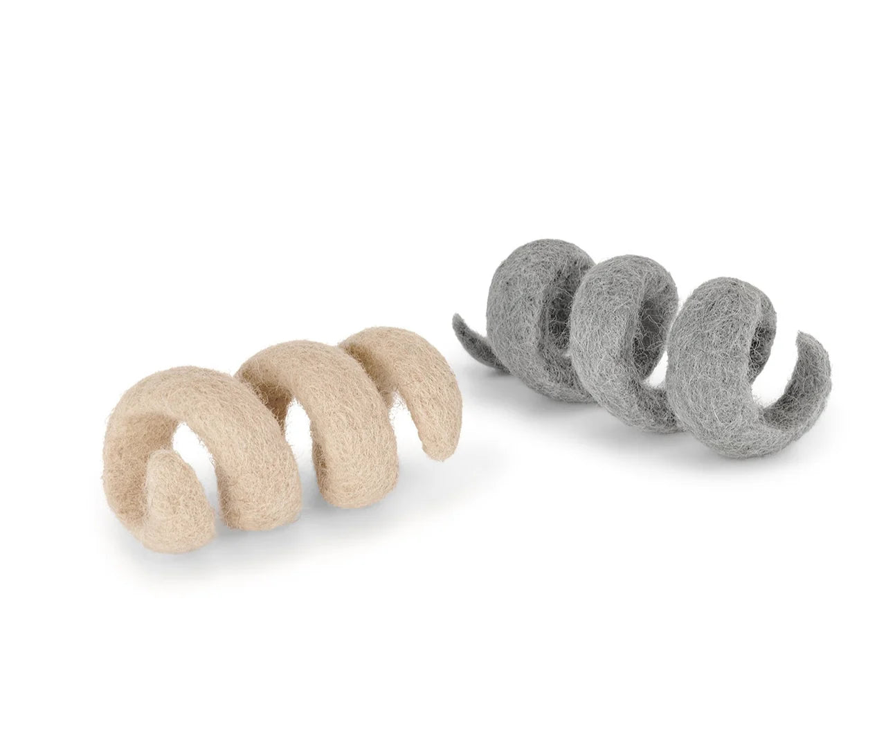 MiaCara Spira cat toy spirals made from natural wool felt in beige and grey, eco-friendly enrichment toy for cats.