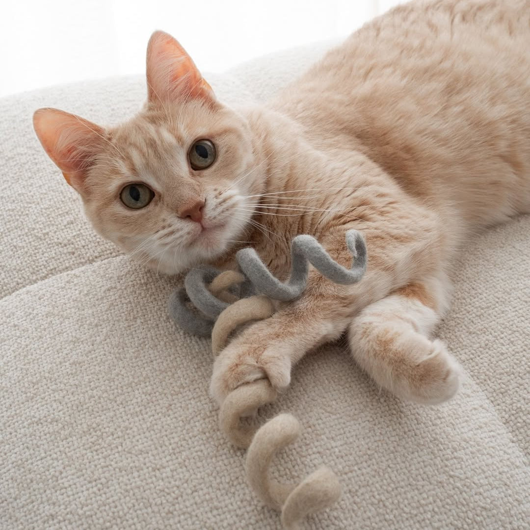 Cat playing with a toy on a light-colored surface