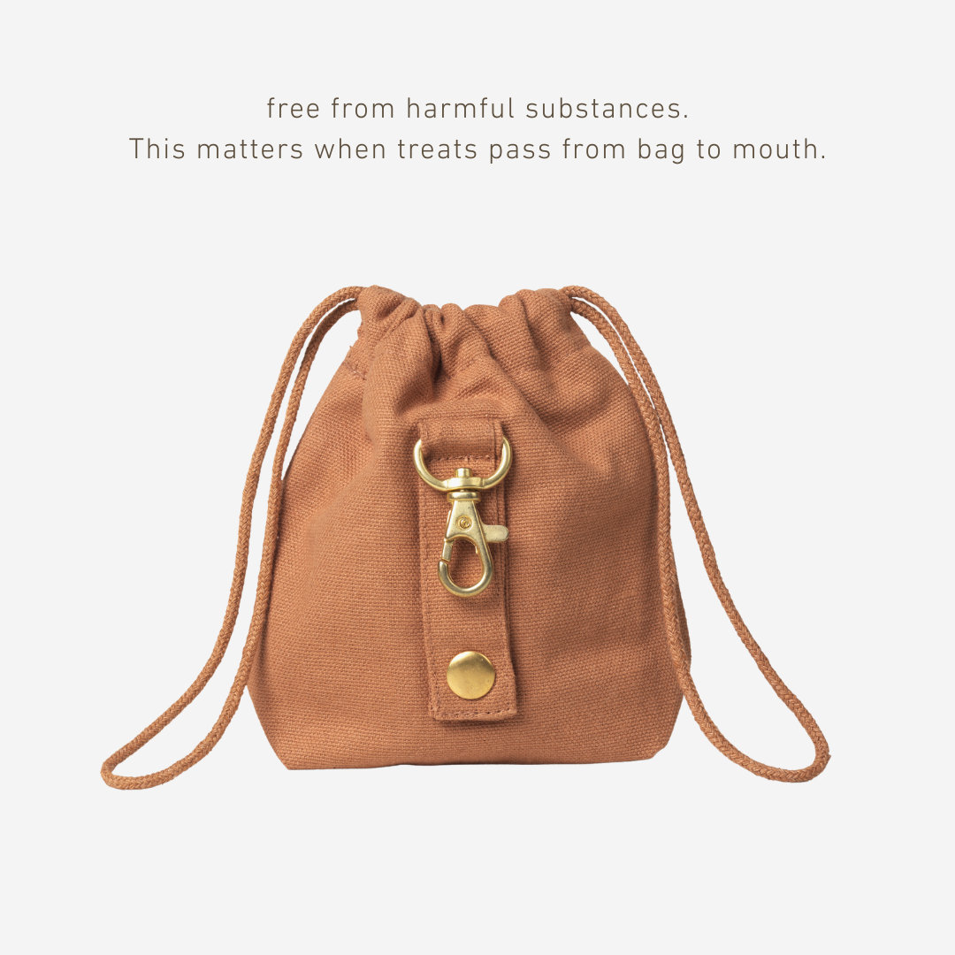 Brown drawstring bag with gold hardware on a white background