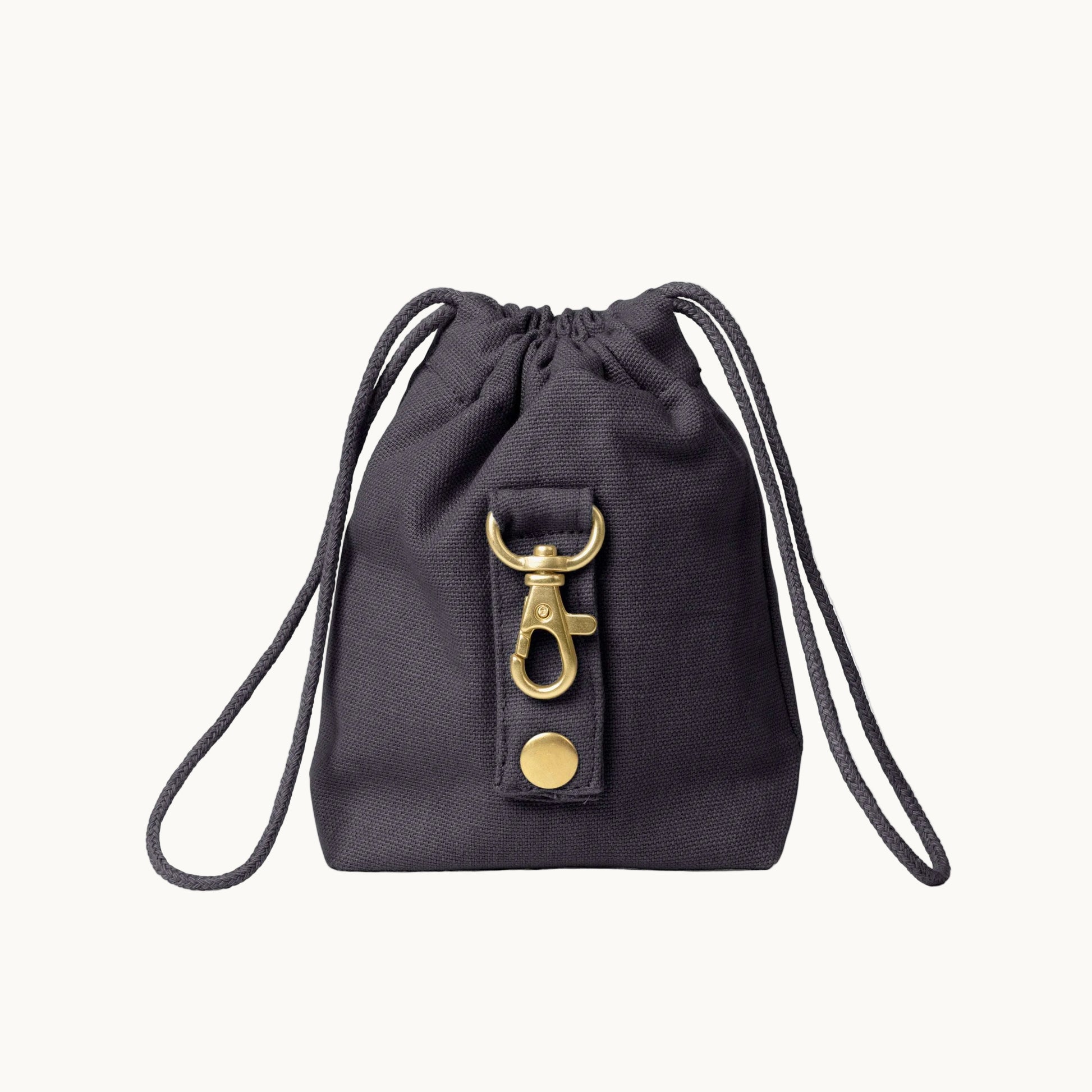 warm grey dog treat bag by Tadazhi, back view showing buckle and sturdy drawstring straps