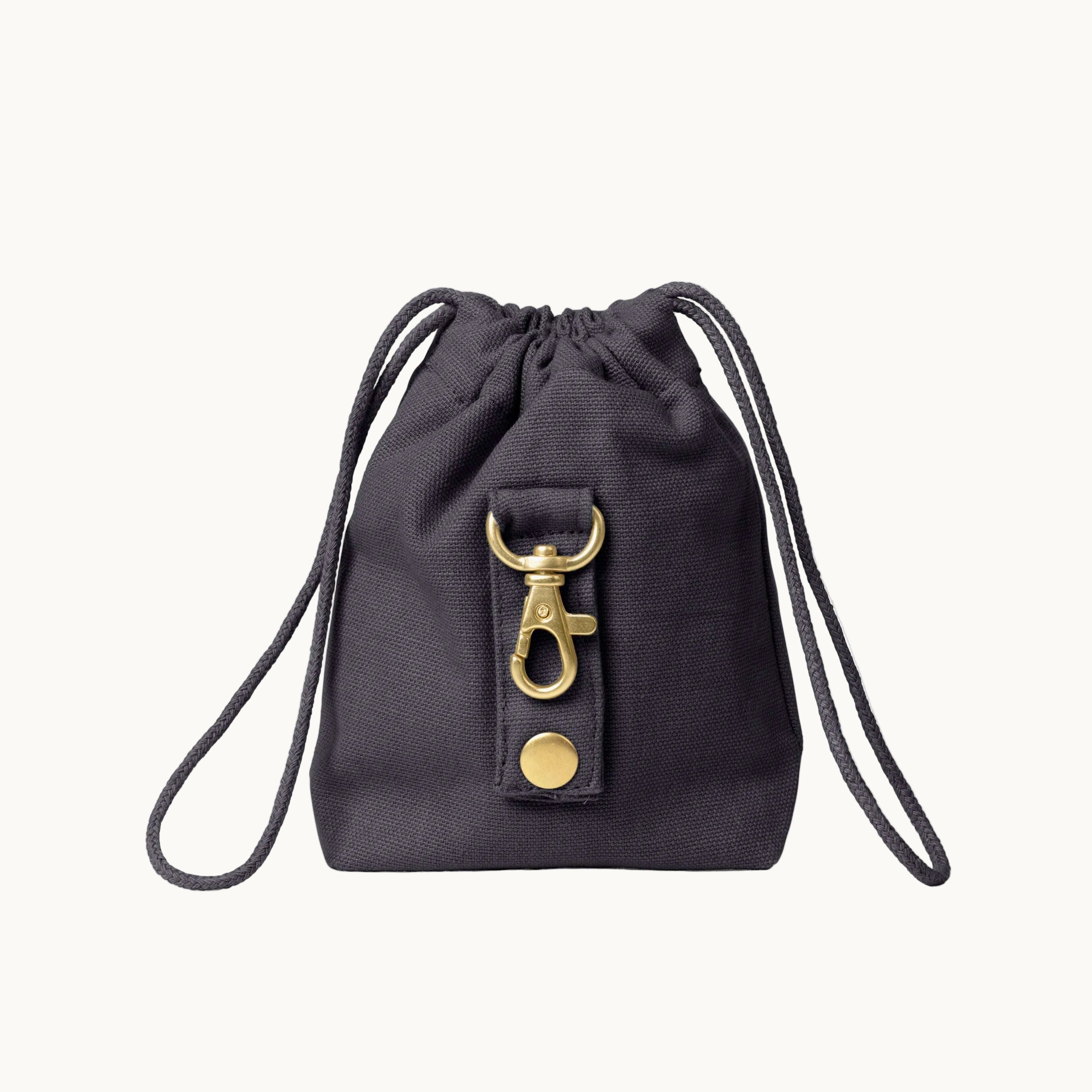 warm grey dog treat bag by Tadazhi, back view showing buckle and sturdy drawstring straps