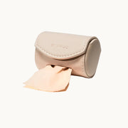 Minimalist beige vegan leather poop bag holder with stitched flap and embossed ST ARGO logo, functional accessory from Lumi Pets Walk collection
