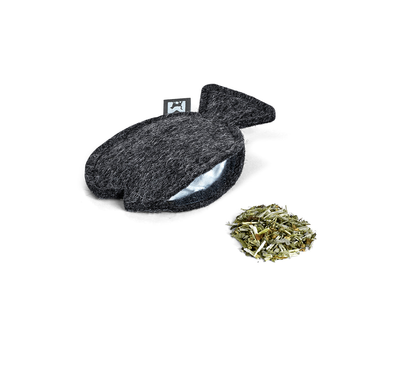 Close-up of MiaCara grey felt catnip toy in fish shape, showing stitching and refillable pouch tag.