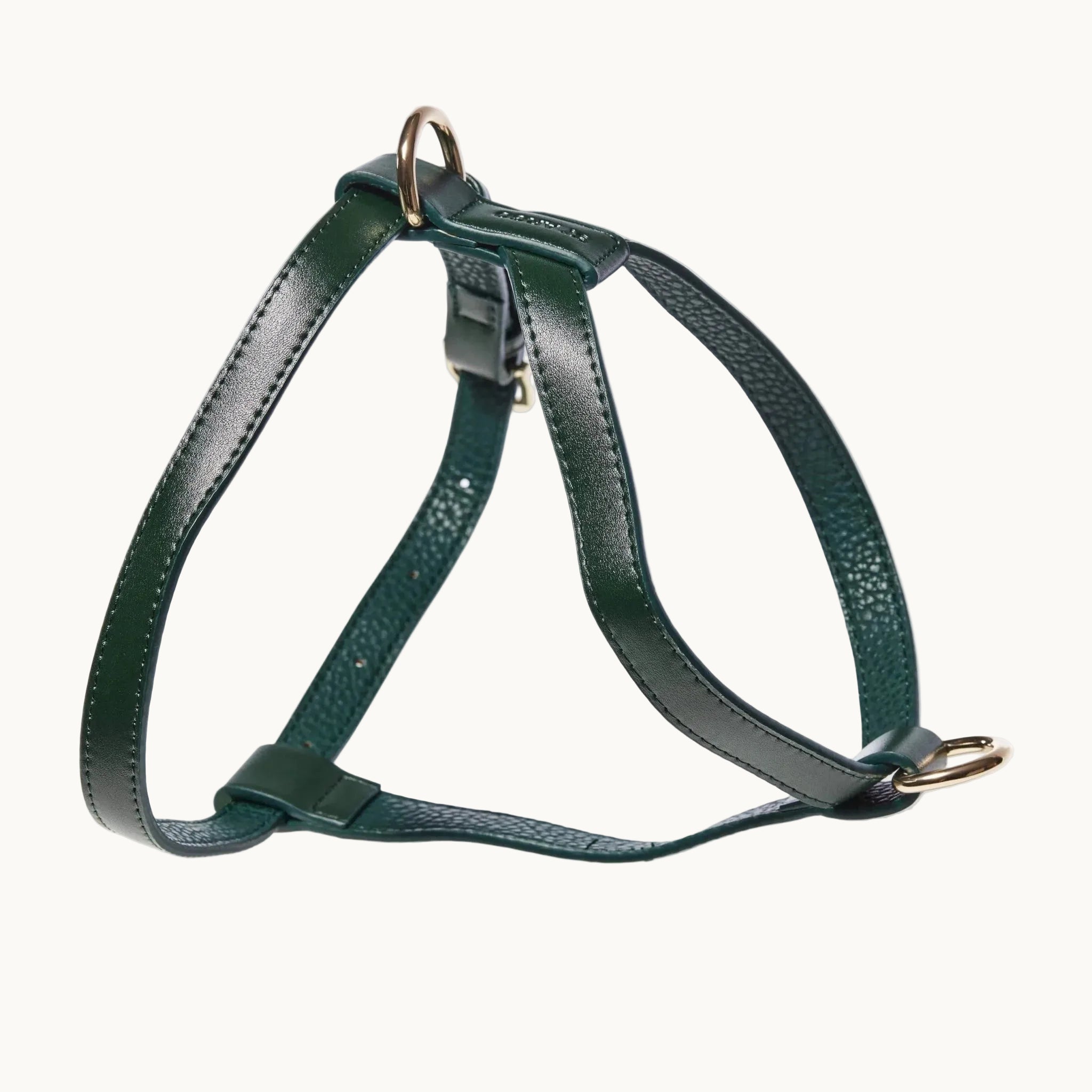 Minimalist green vegan leather dog harness with gold hardware, durable and stylish design from Lumi Pets Walk collection.