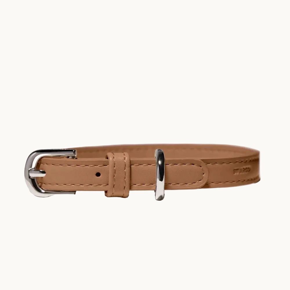 Minimalist brown vegan leather dog collar with silver buckle and ring, elegant and durable design from Lumi Pets Walk collection.