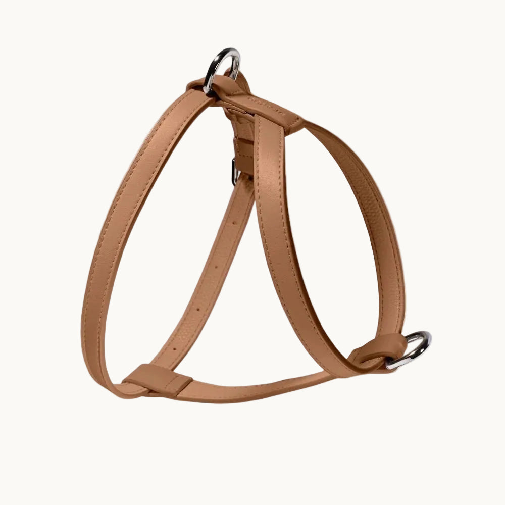 Minimalist brown vegan leather dog harness with silver hardware, durable and stylish design from Lumi Pets Walk collection