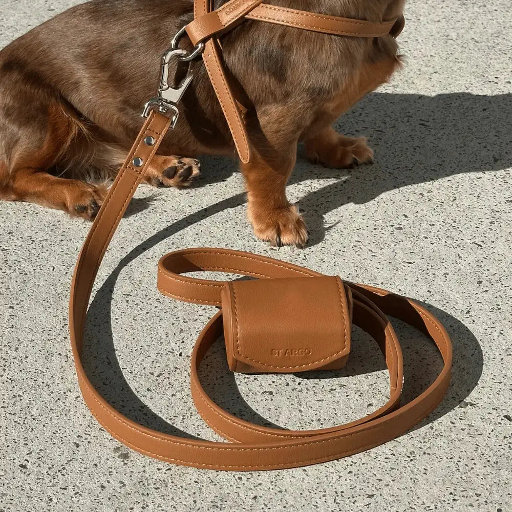 brown vegan leather poop bag holder clipped to dog leash, stylish and practical walking accessory.