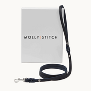 Handcrafted Molly & Stitch butter leather dog leash in blue with silver clasp, shown with branded gift box — minimalist and durable design from Lumi Pets Walk collection