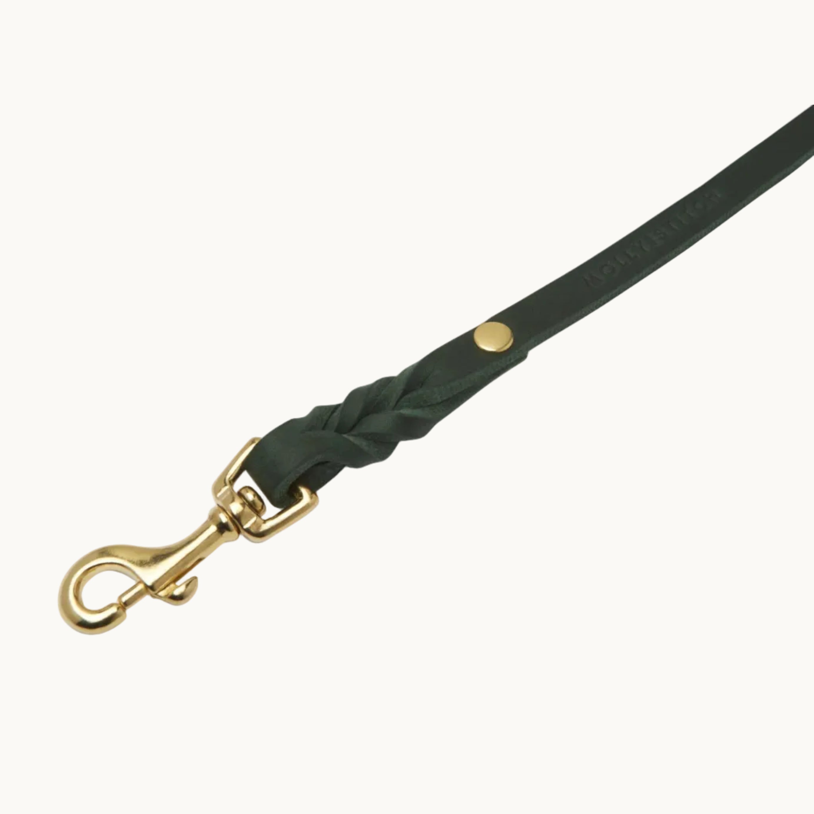 Close-up of Molly & Stitch green butter leather leash, highlighting braided detail and polished gold clasp