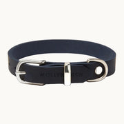Blue Molly & Stitch butter leather dog collar with silver buckle and hardware, handcrafted minimalist design from Lumi Pets Walk collection