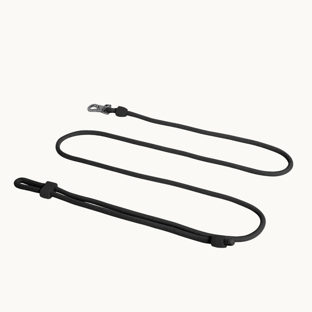 black hands-free dog lead with 3-in-1 design, adjustable silicone slider and silver clasp, versatile leash from Lumi Pets Walk collection