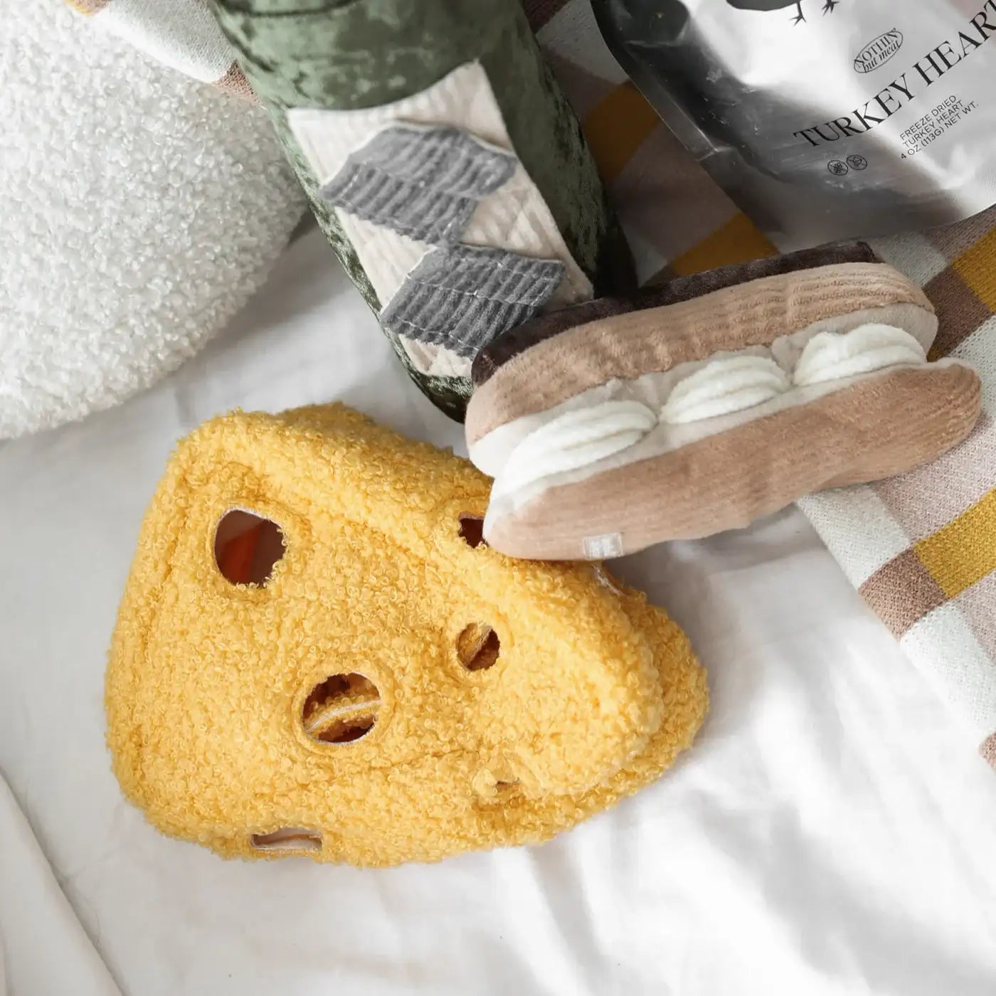 Lambwolf Collective Fromage cheese toy styled with other plush food toys, fun and interactive play collection.
