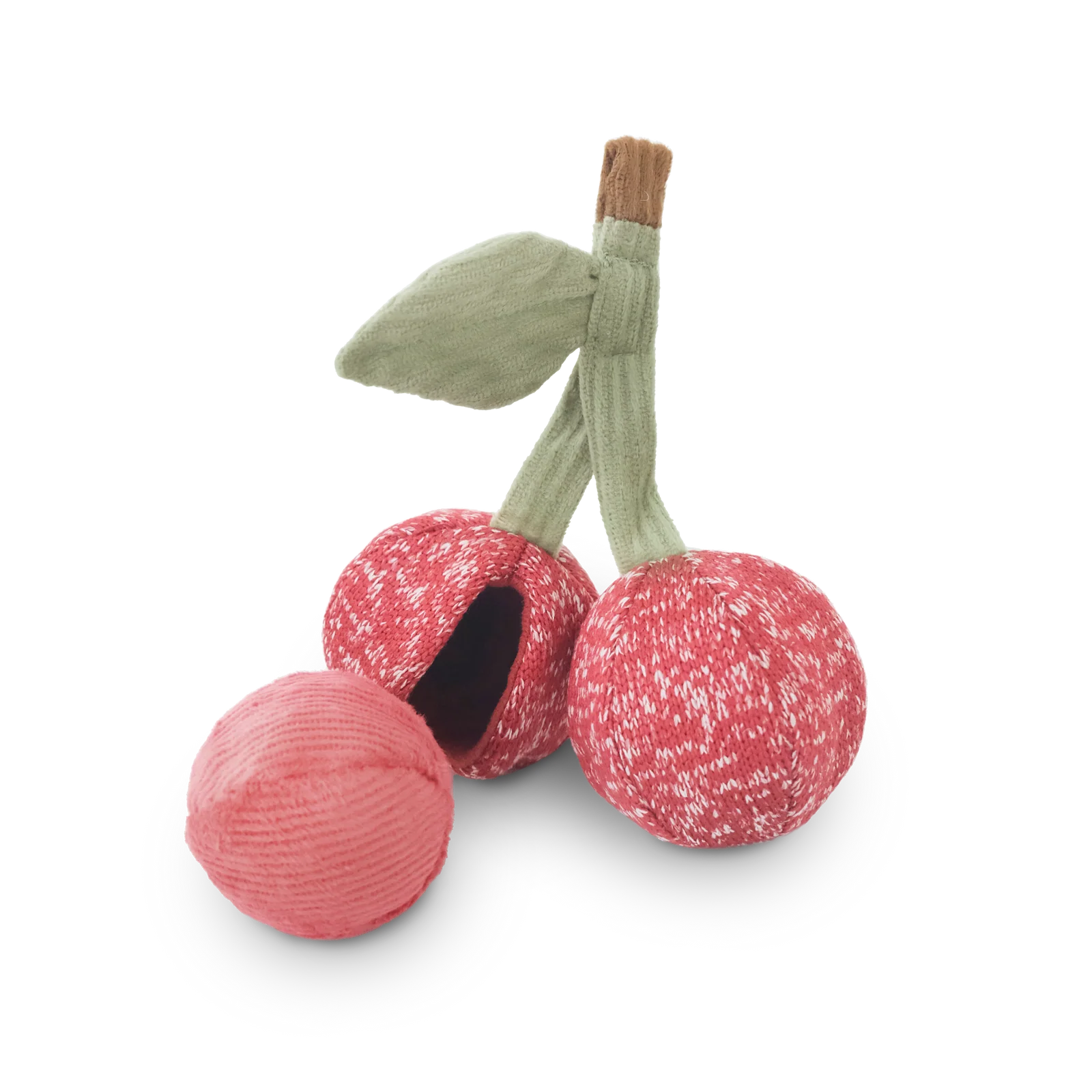 Lambwolf Collective Cherry Pop interactive dog toy featuring two red plush cherries with green stems and a removable ball for hide-and-seek play