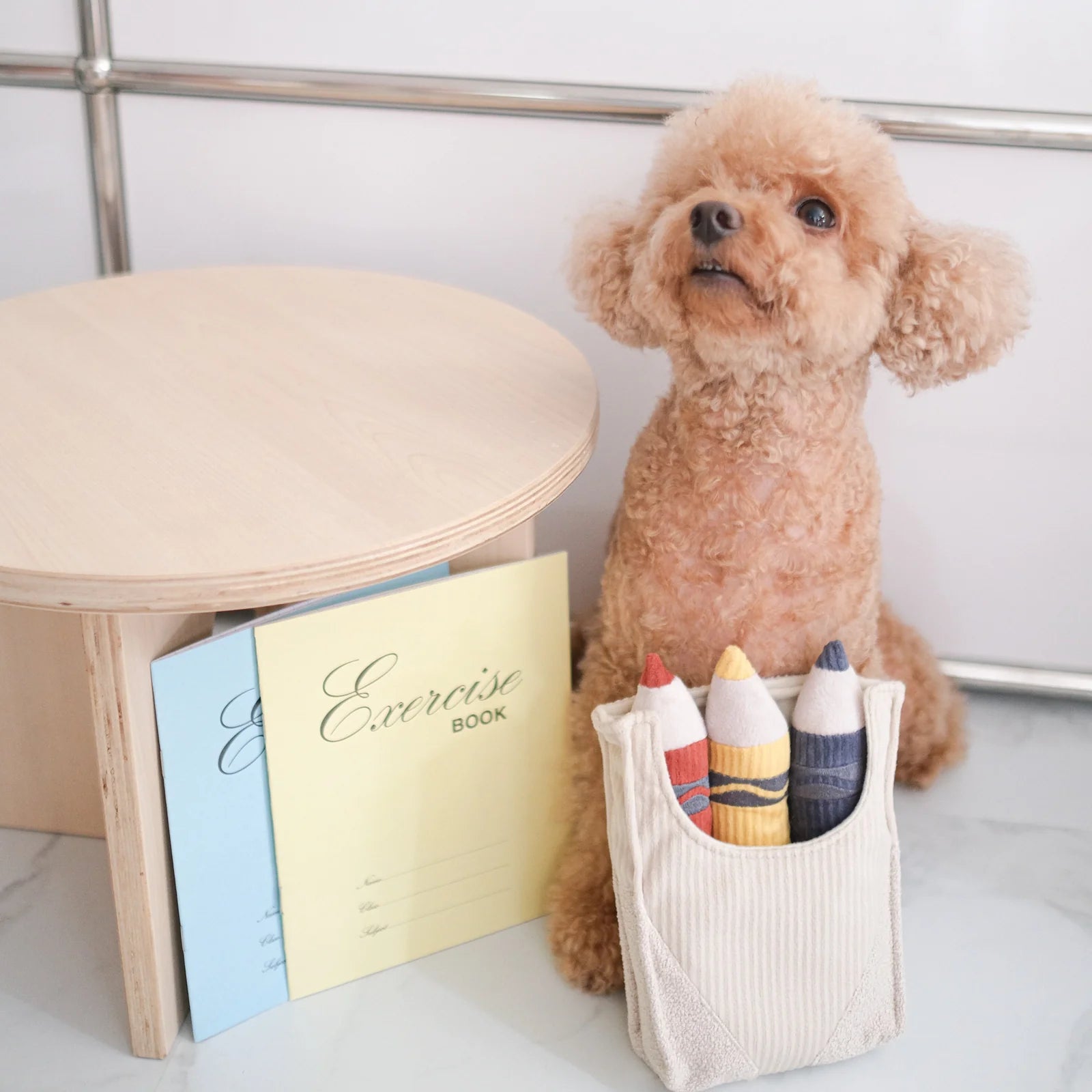 Dog posting with Lambwolf Collective Crayons plush toys, interactive hide-and-seek activity for fun engagement