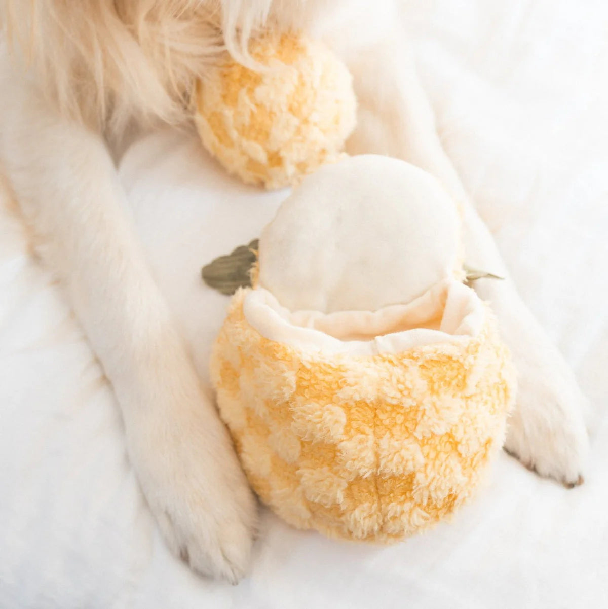Close-up of Lambwolf Collective Pineapple Pop plush dog toy, showing textured yellow fabric and soft green leaf accents, removable toy ball 