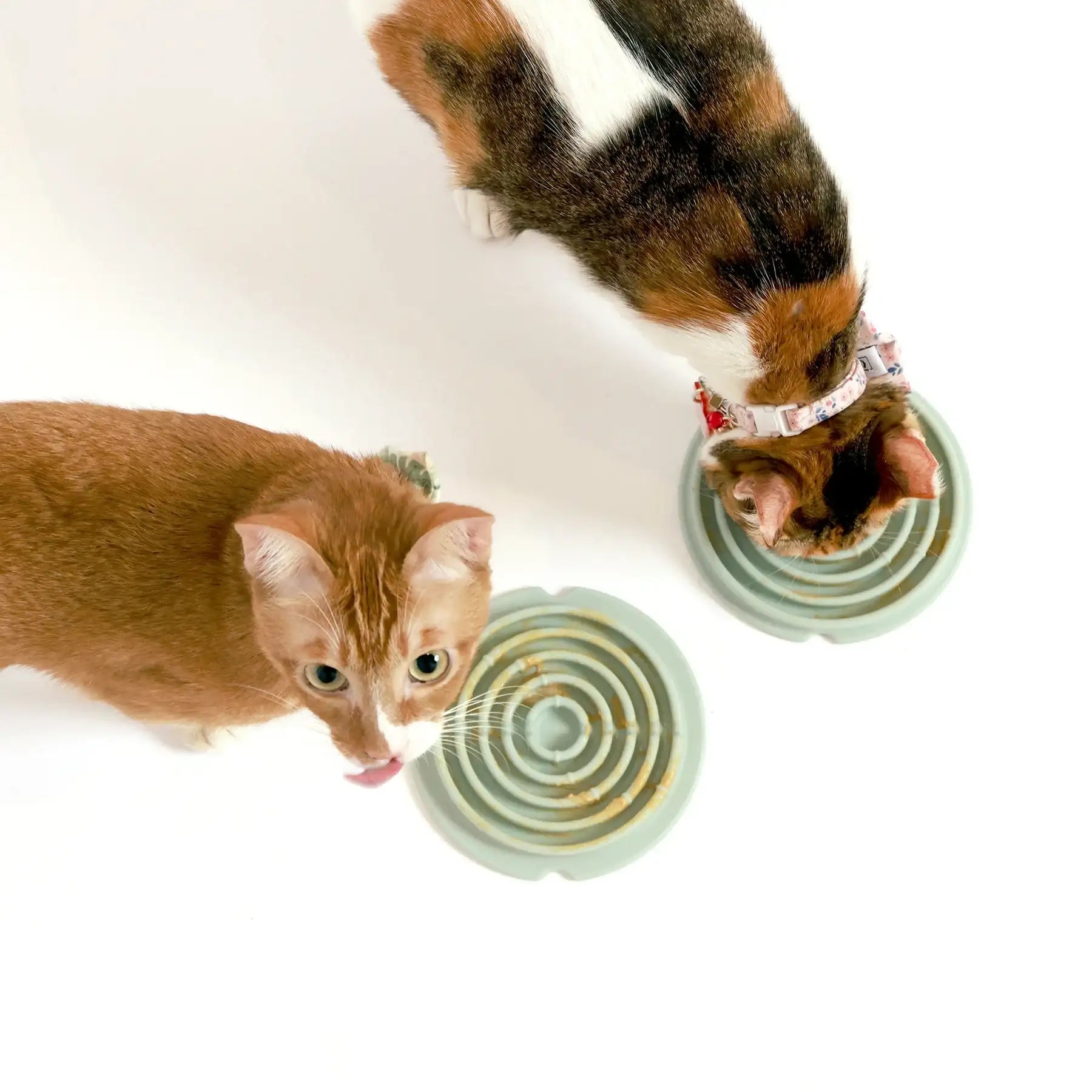 2 cats licking treats from Lunoji Twirl lick mat, spiral grooves promote slower eating and sensory engagement