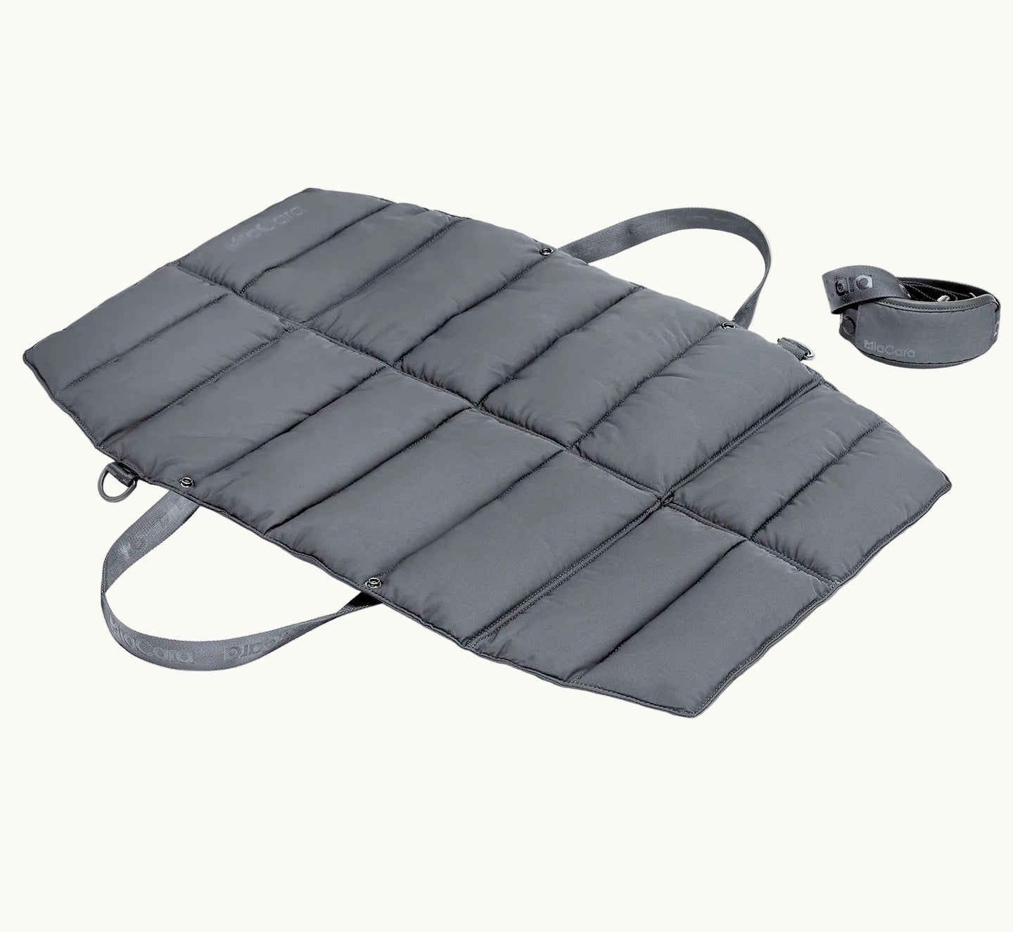 MiaCara Strada travel dog bed in dark grey quilted fabric, foldable with handles and strap for easy carrying
