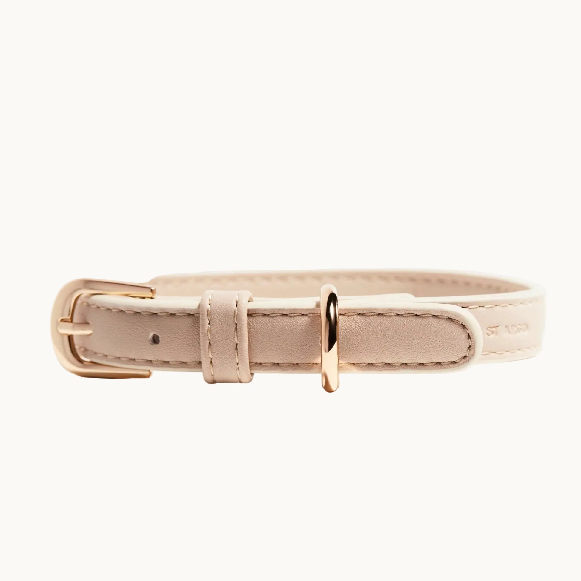 Minimalist beige vegan leather dog collar with gold buckle and ring, elegant and durable design from Lumi Pets Walk collection.