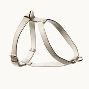 Minimalist beige vegan leather dog harness with gold hardware, durable and stylish design from Lumi Pets Walk collection