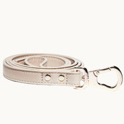Beige vegan leather dog lead with polished gold clasp, minimalist and durable design from Lumi Pets Walk collection.
