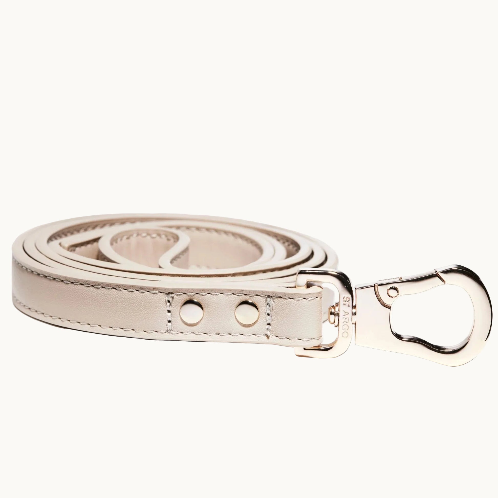 Beige vegan leather dog lead with polished gold clasp, minimalist and durable design from Lumi Pets Walk collection.