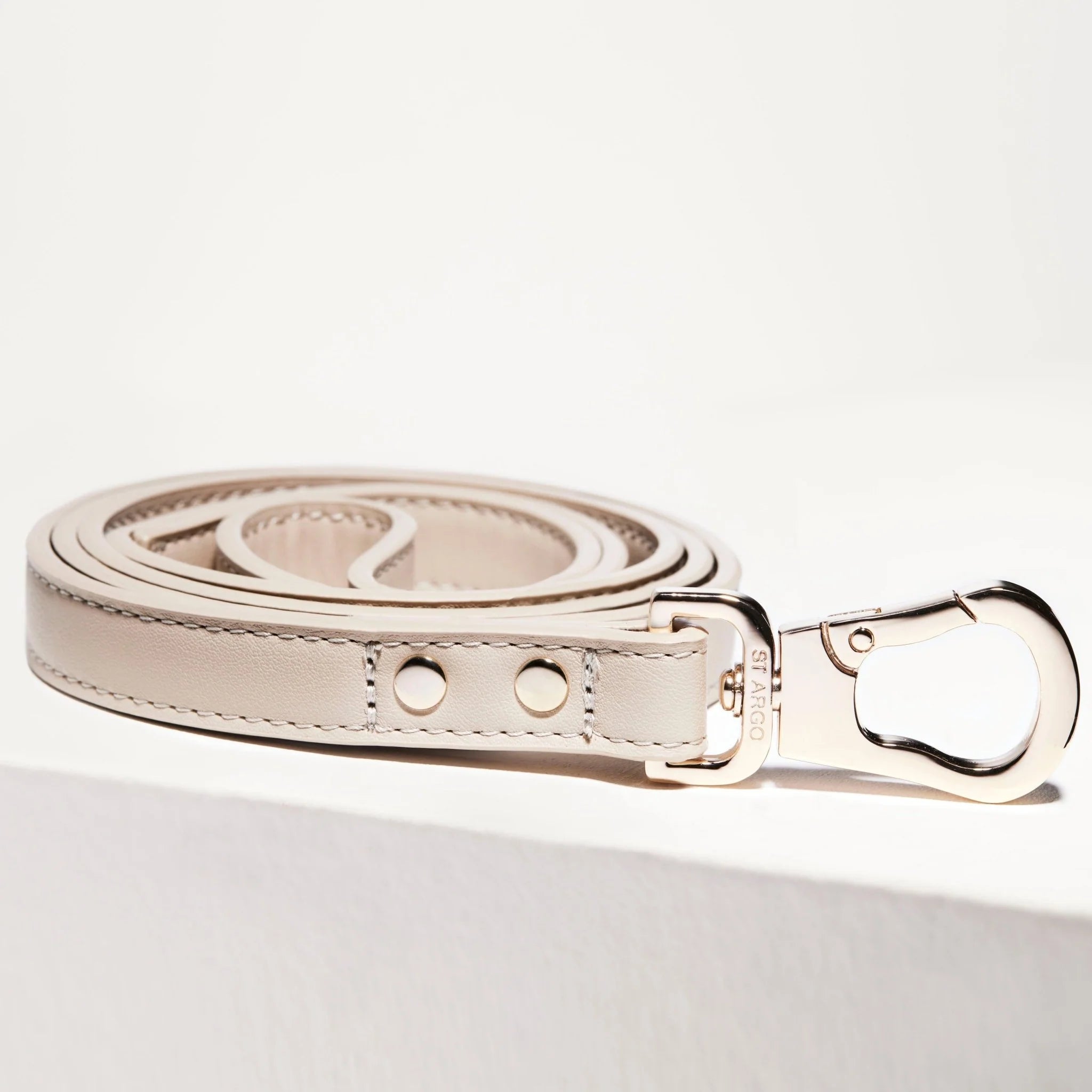 Beige leather dog leash with a silver clasp on a light gray background