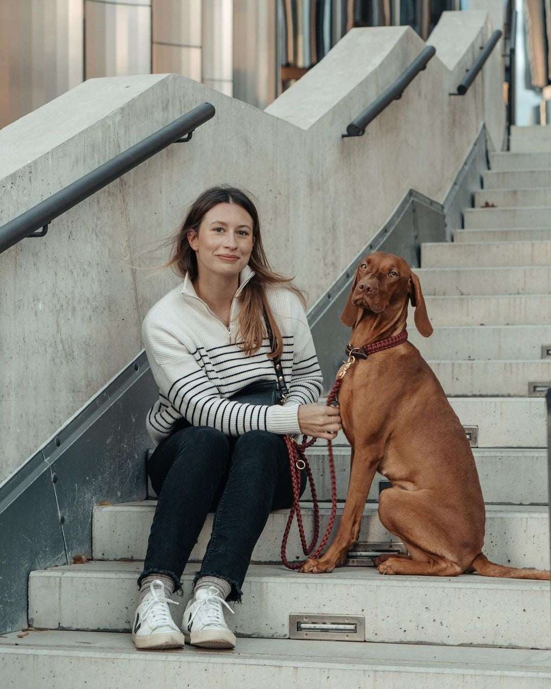 Matching Molly & Stitch Touch of Leather dog collar and leash with red rope and leather, elegant walking set with gold hardware.