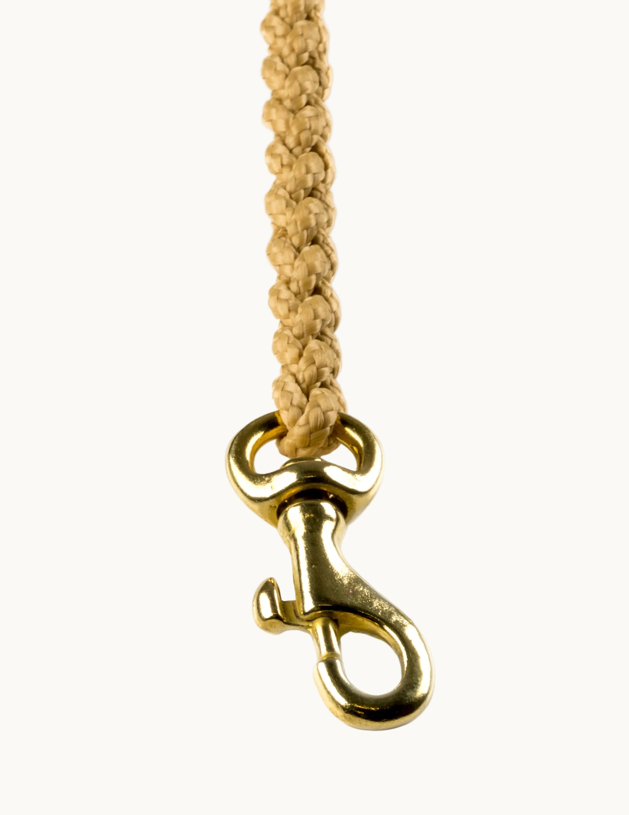 Close-up of Molly & Stitch Touch of Leather leash, showing braided rope texture, and gold clasp