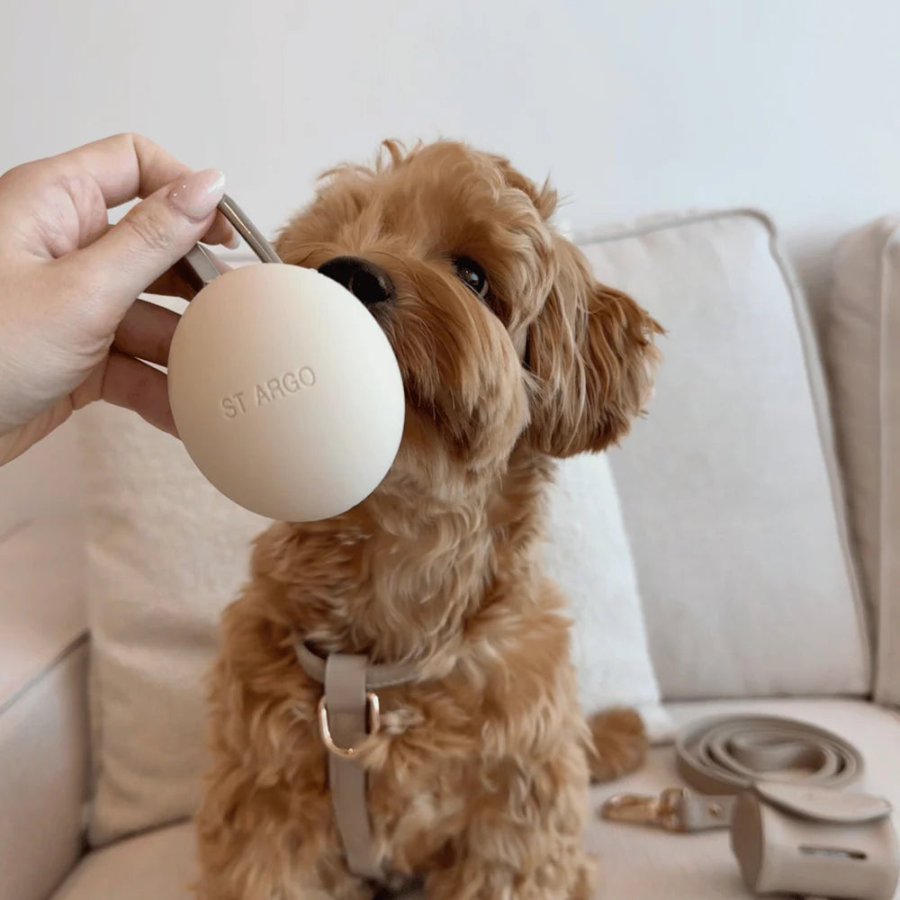 Portable beige ST ARGO silicone treat pouch for walks and training, odor-resistant and dishwasher safe.